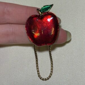 Vintage Enamel Red Apple Brooch with Green Leaf